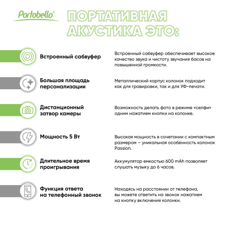 Беспроводная колонка Пэшн (Passion) 80dB 600 mAh (Bluetooth 5.0), зеленая