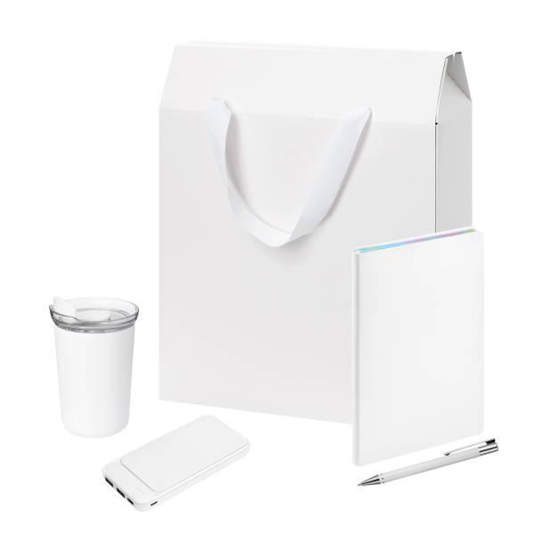 Подарочный набор Велком Пак (Welcome Pack), белый (термокружка, ежедневник, ручка, ЗУ, коробка-пакет)