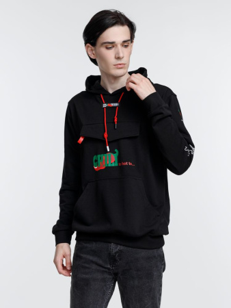Худи унисекс с карманом на груди Chest Pocket, черное, размер M/L